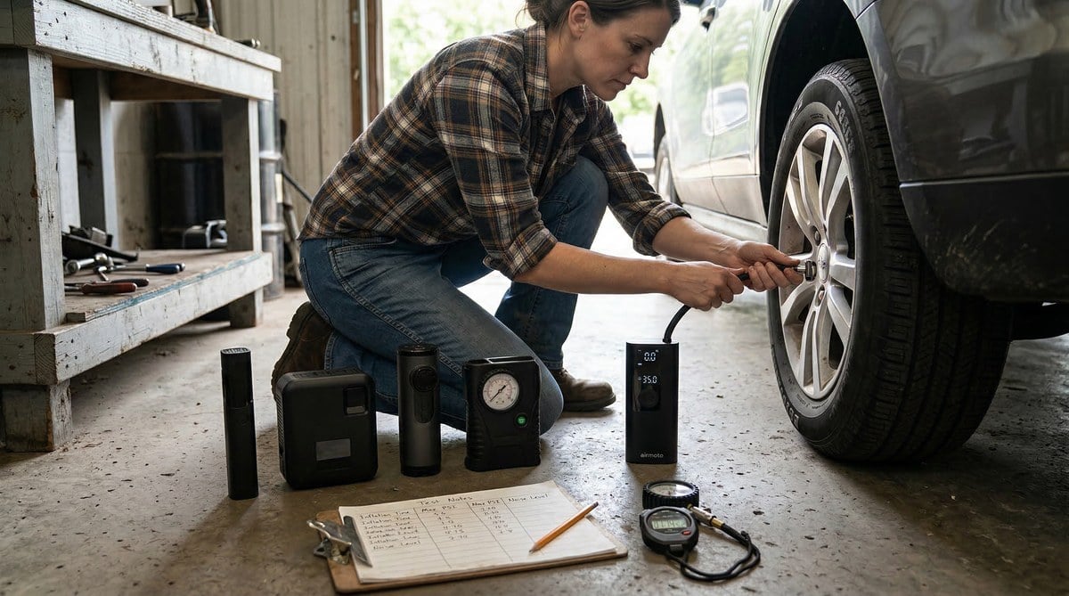Airmoto testing setup — multiple inflators compared side by side