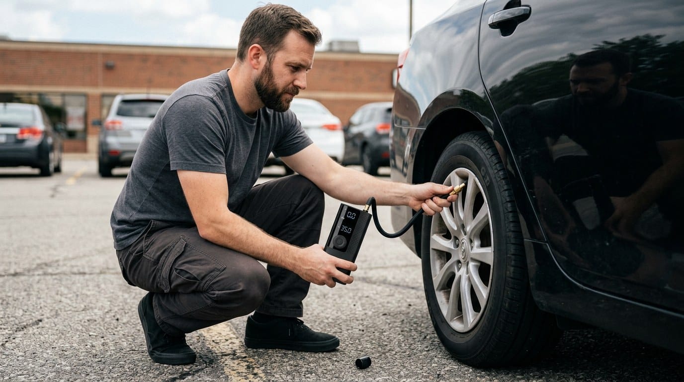 Man using Airmoto tire inflator on car - real customer review