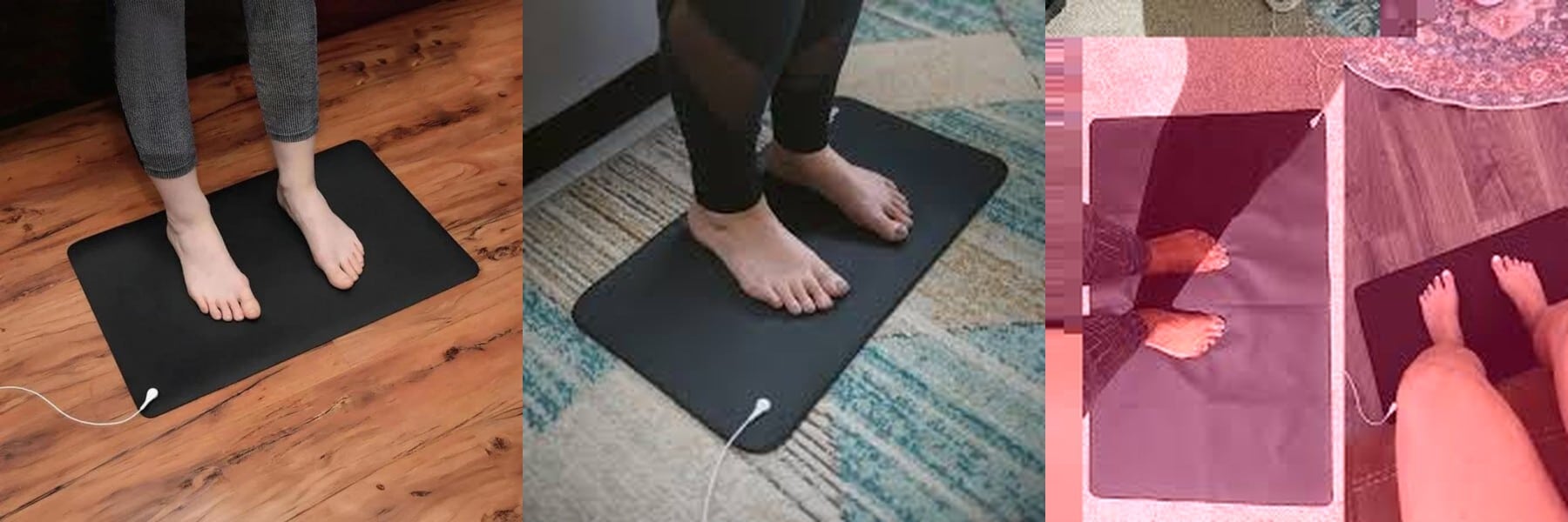 BareEarth grounding mat real-world use — three tester photos side by side
